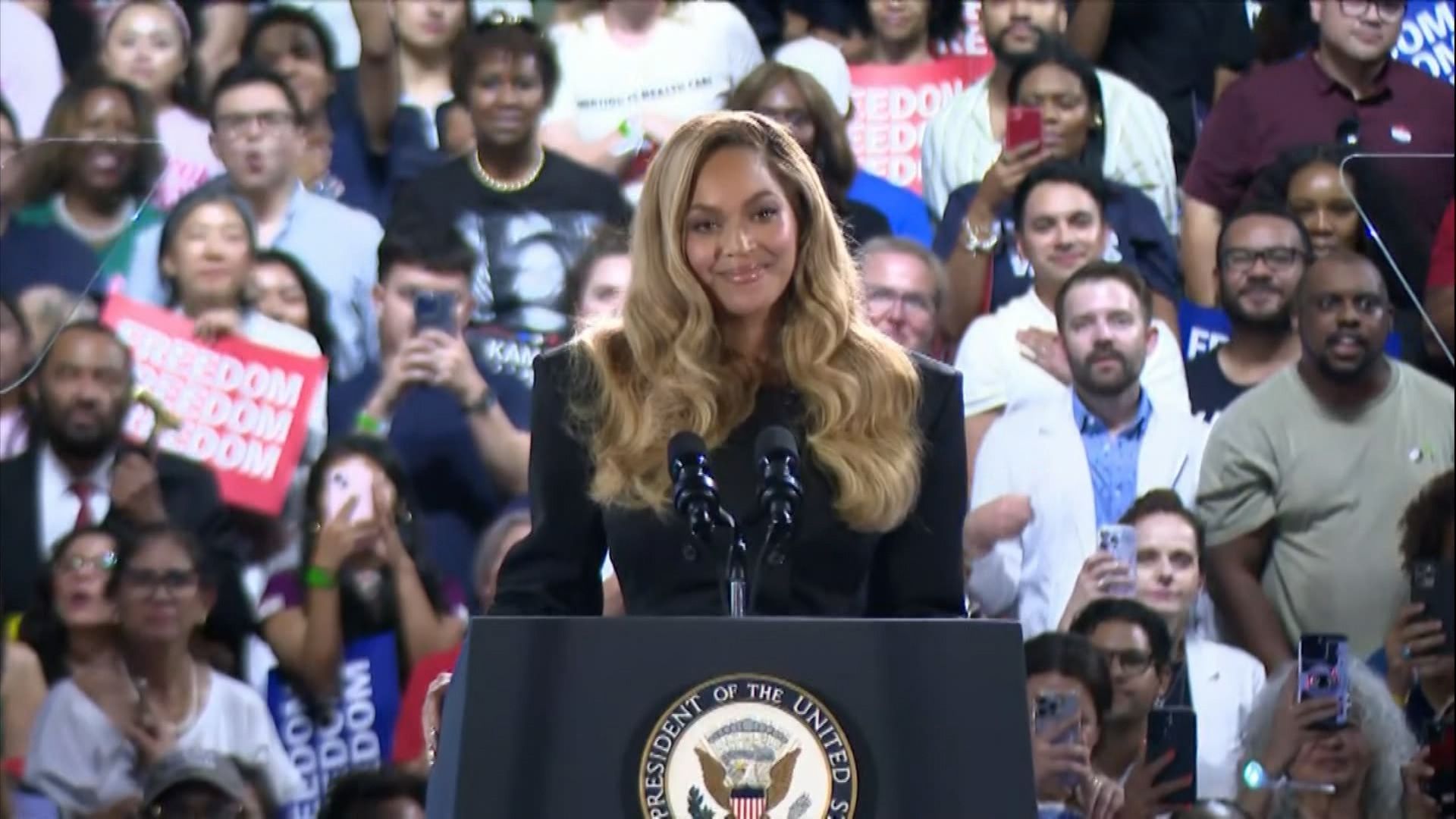 Beyonce Knowles and Kelly Rowland spoke at the Kamala Harris rally in Houston, Texas, on Friday.