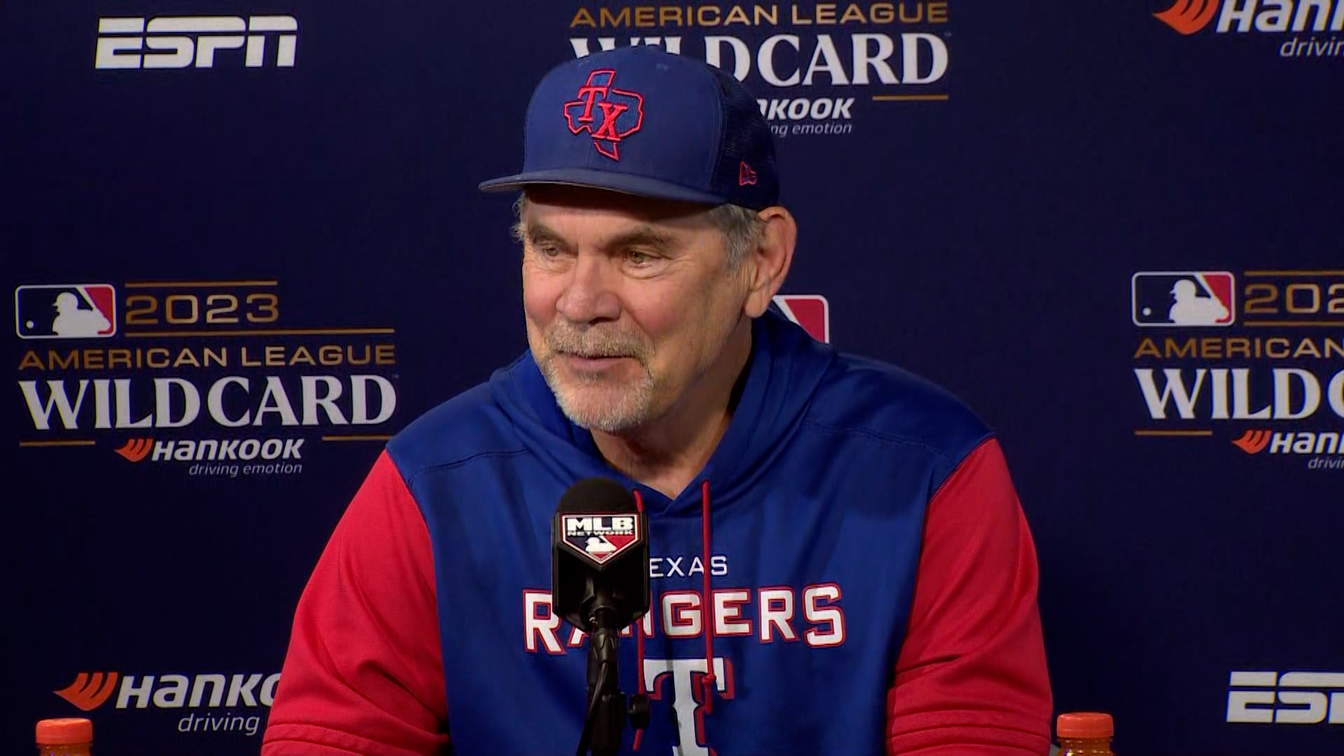 Texas Rangers manager Bruce Bochy met with the media before Game 1 of the AL Wild Card series Tuesday.