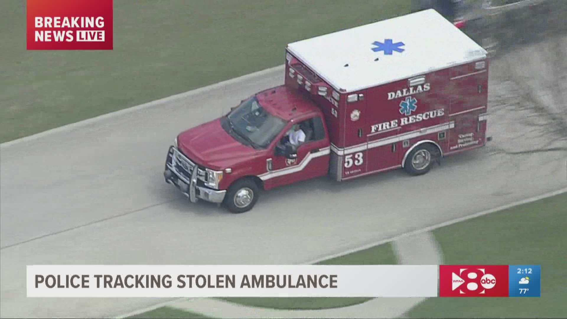The ambulance was stolen from a Dallas fire station and traveled through much of North Texas during the pursuit.