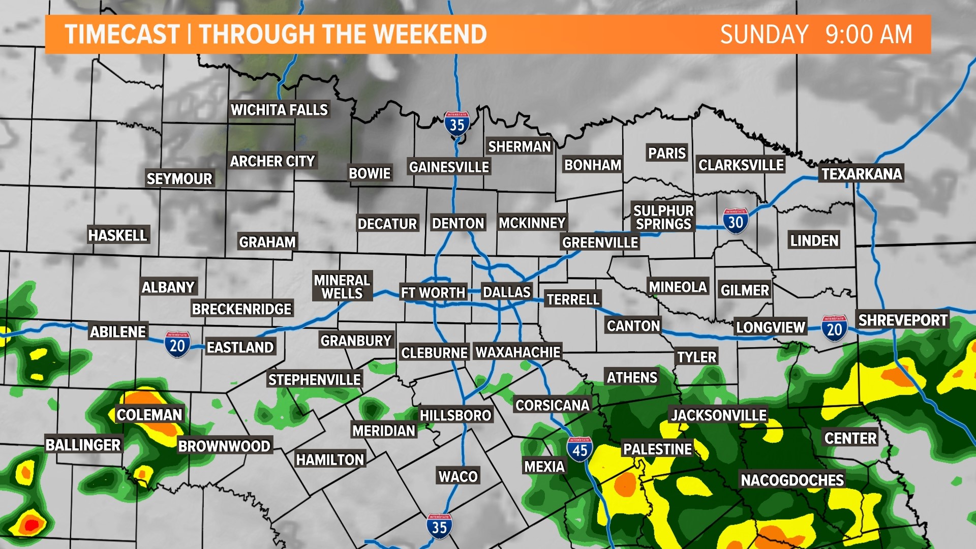 DFW Rain timeline for Sunday