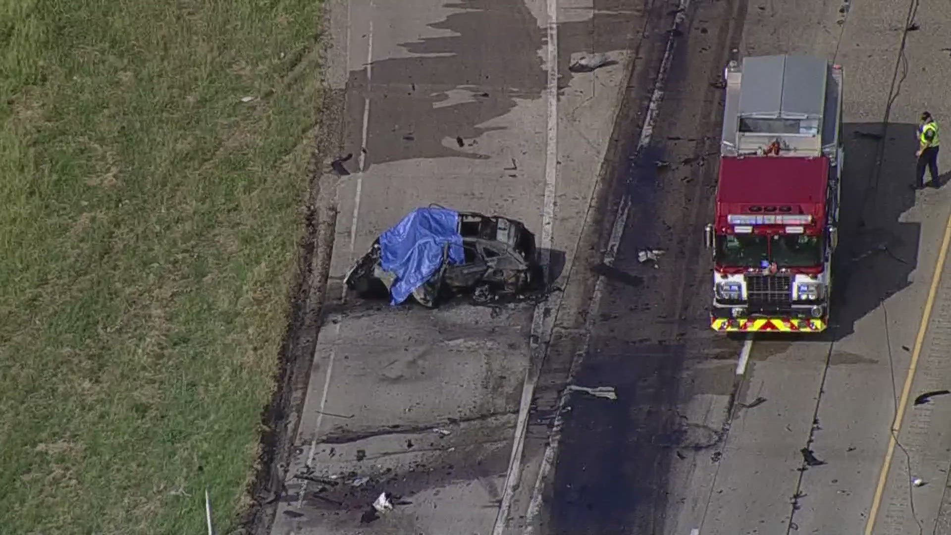 Police said an 18-wheeler traveling westbound crossed onto the eastbound side, striking three vehicles.