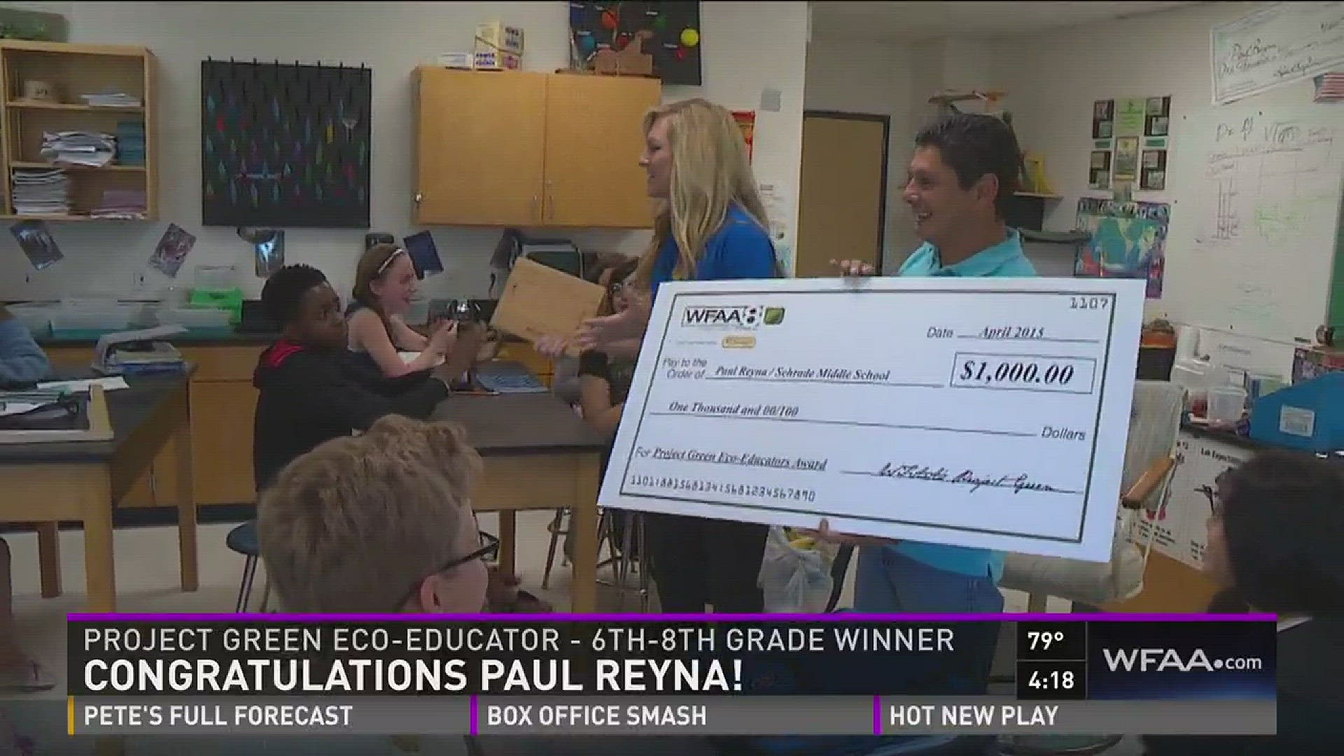 Teacher Paul Reyna of Shrade Middle School has won the Project Green Eco-Educator award for the 6th-8th grade category! News 8's Colleen Coyle stopped by to surprise him.