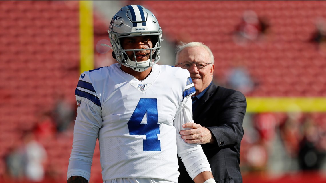 Dallas Cowboys quarterback Dak Prescott participates in warm ups before an NFL  preseason footba …