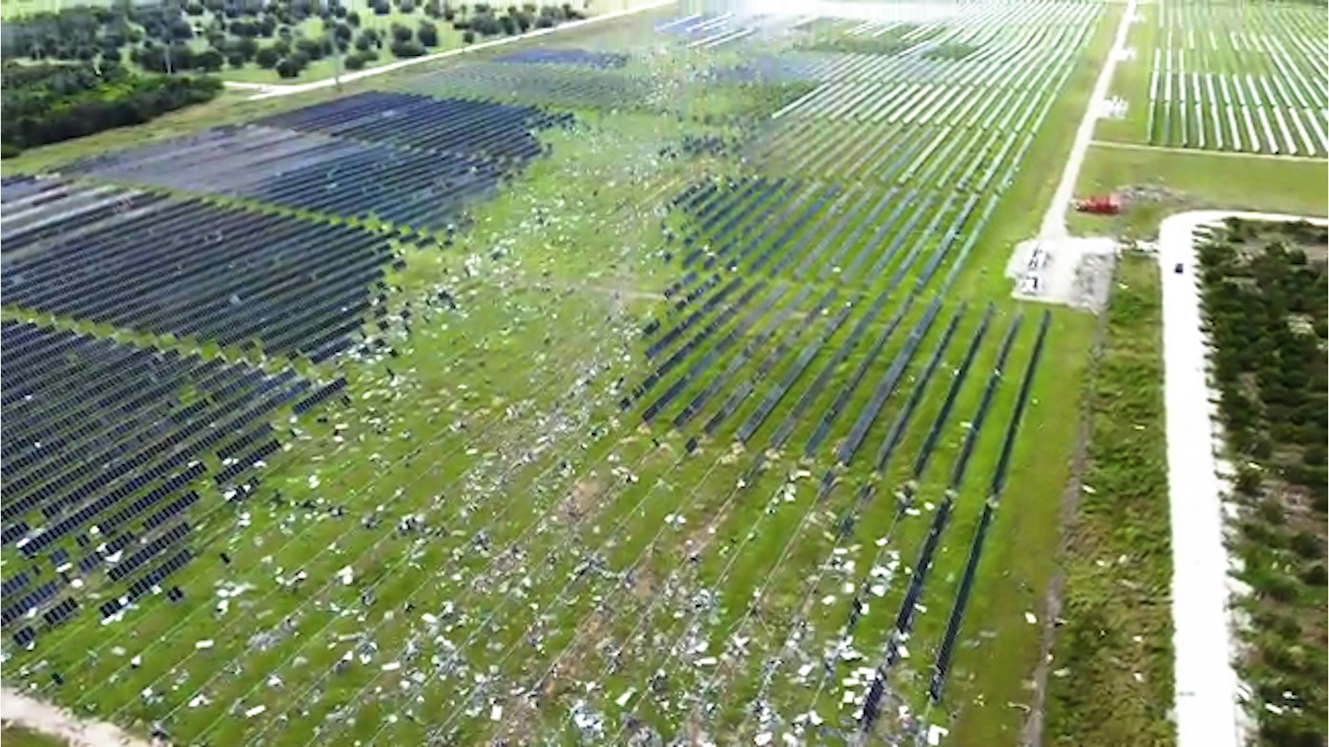 The video shows the Lake Placid Solar Power Plant from Highlands County, Florida, which was damaged during Hurricane Milton.