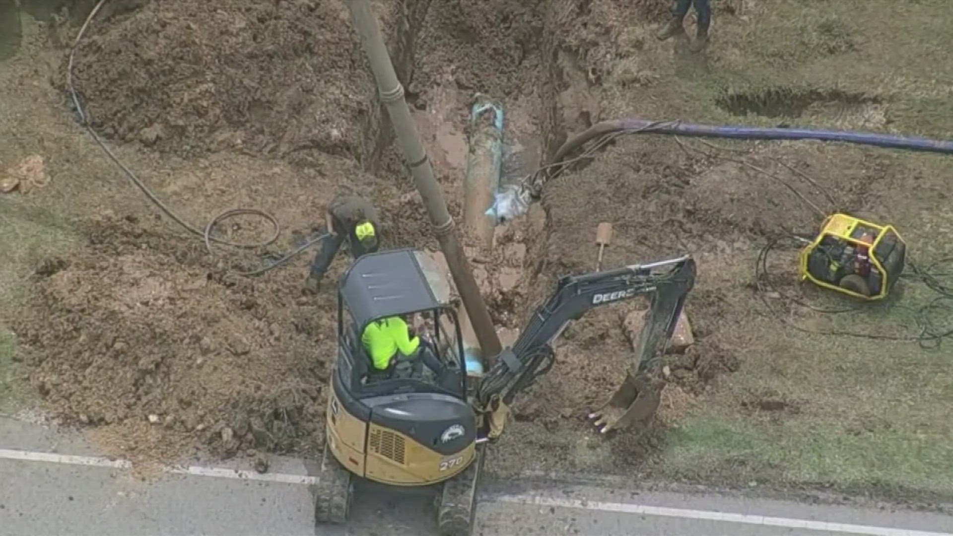 A water line broke along Highway 380, causing water pressure to fall.