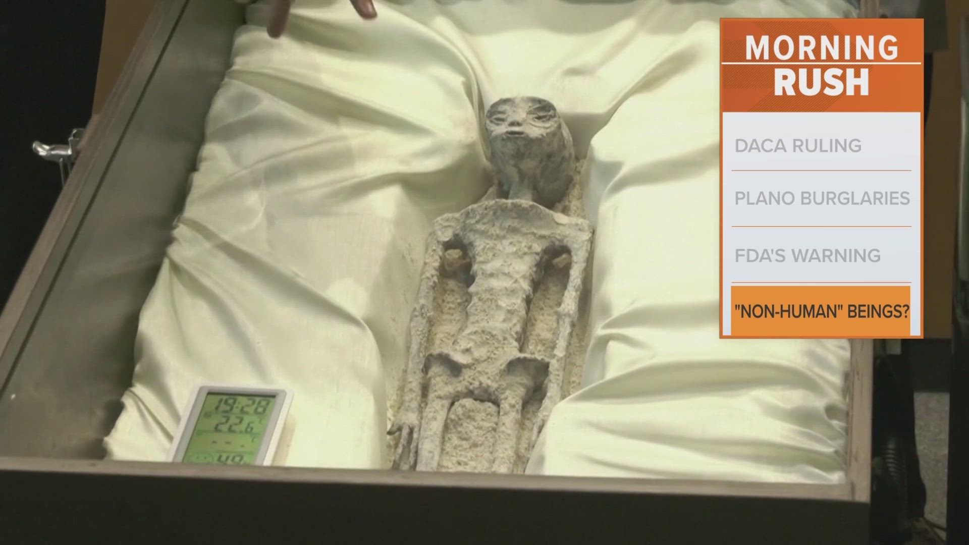 A journalist presented two boxes with supposed mummies found in Peru. He warned that he didn't want to refer to them as “extraterrestrials” just yet.