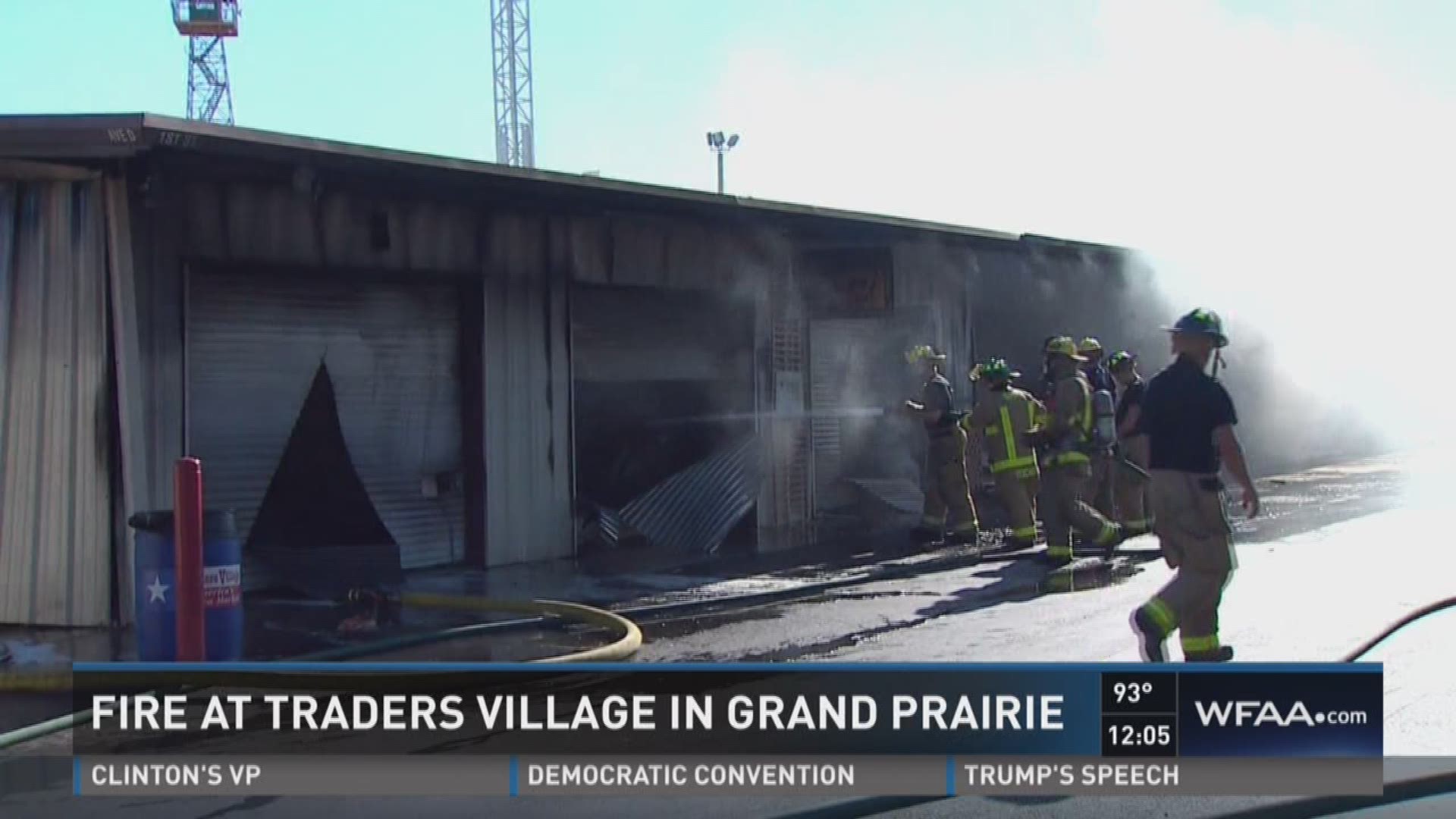 A two-alarm fire burned a building that houses exhibit spaces at Traders Village Friday morning. Monica Hernandez reports.