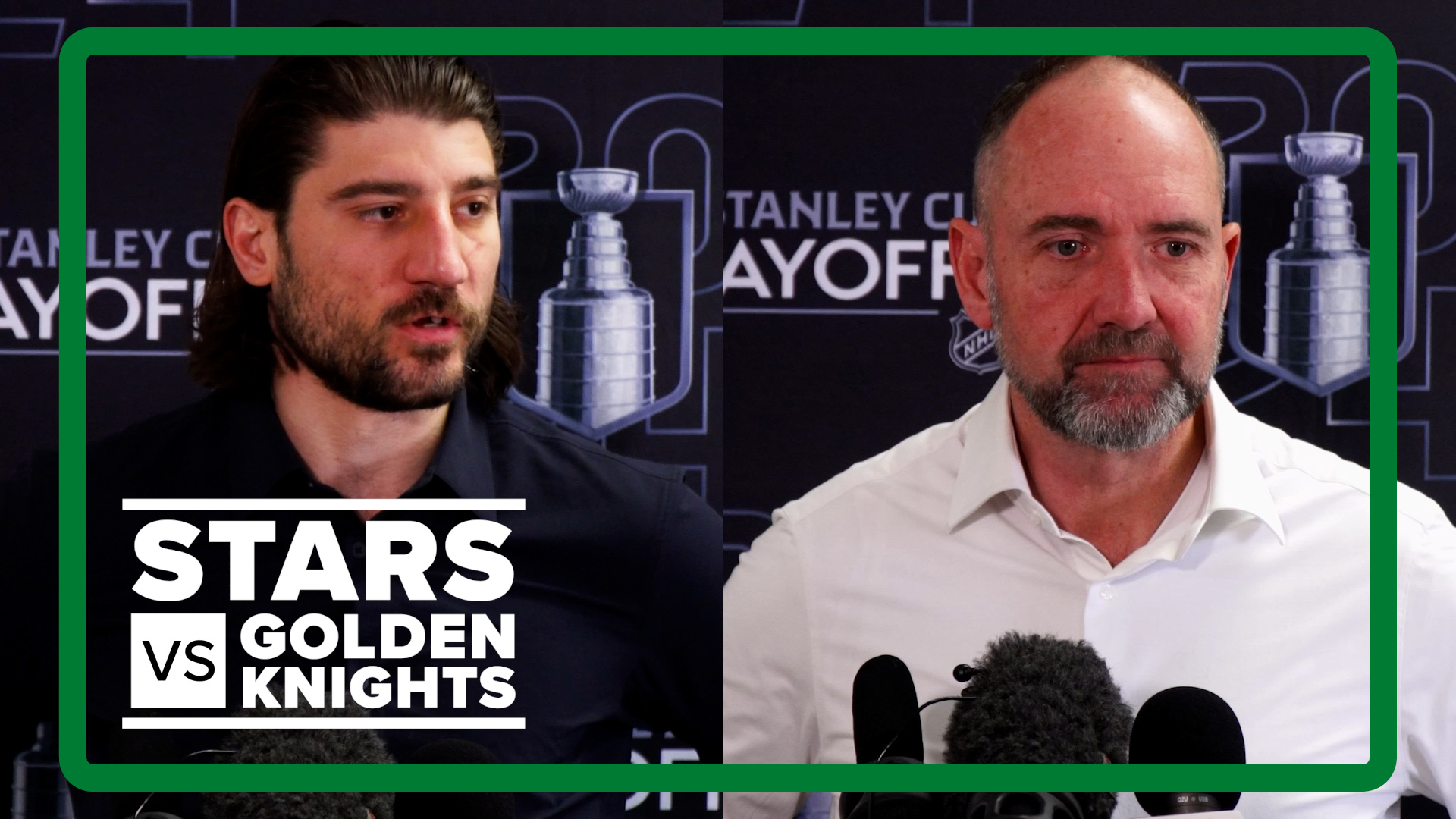 Christopher Tanev and Head Coach Pete DeBoer talk to the media during a practice day after Game 5 against the Vegas Golden Knights.