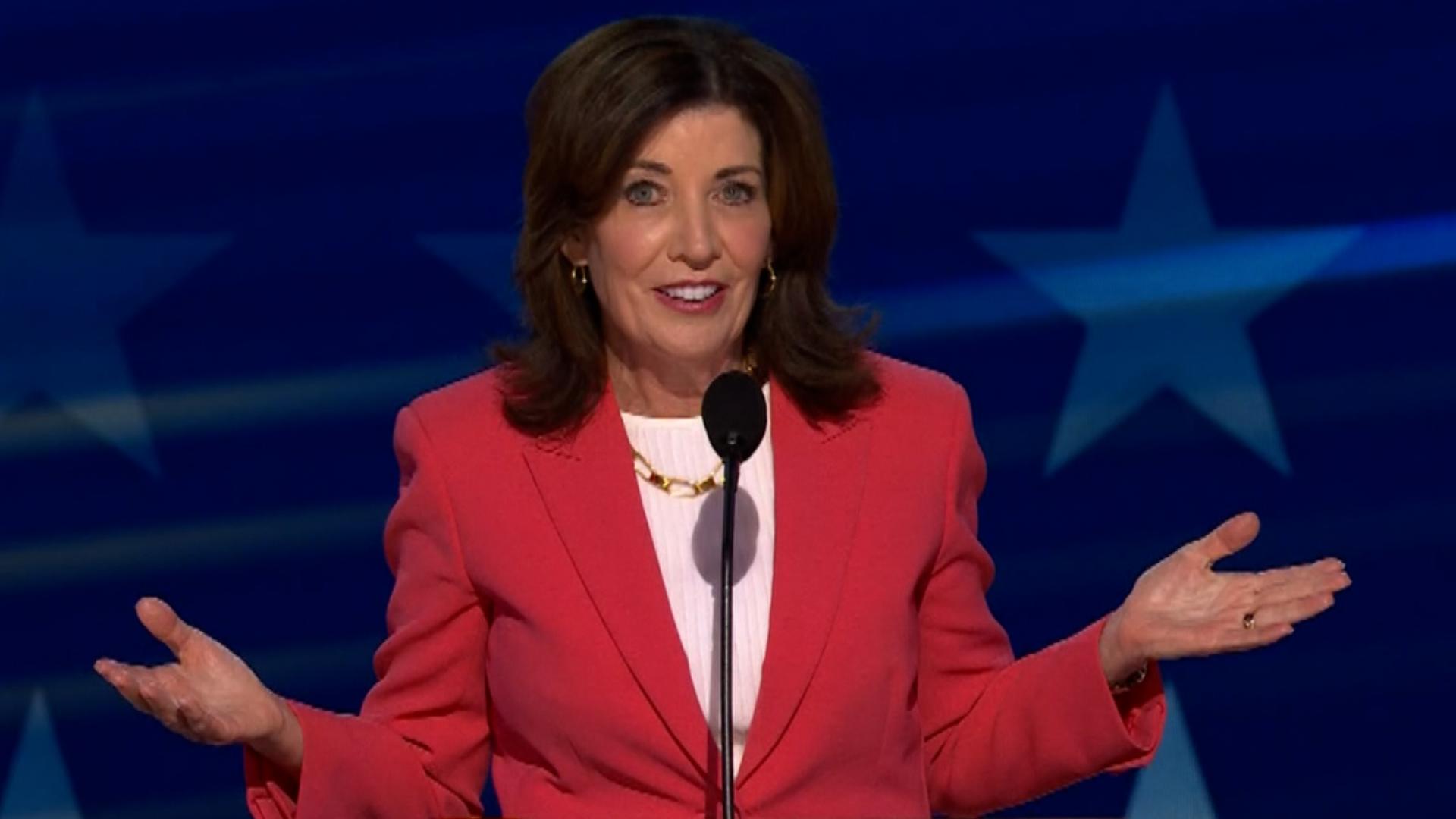 New York Gov. Kathy Hochul delivered a full speech on day one of the 2024 Democratic National Convention in Chicago, Illinois.