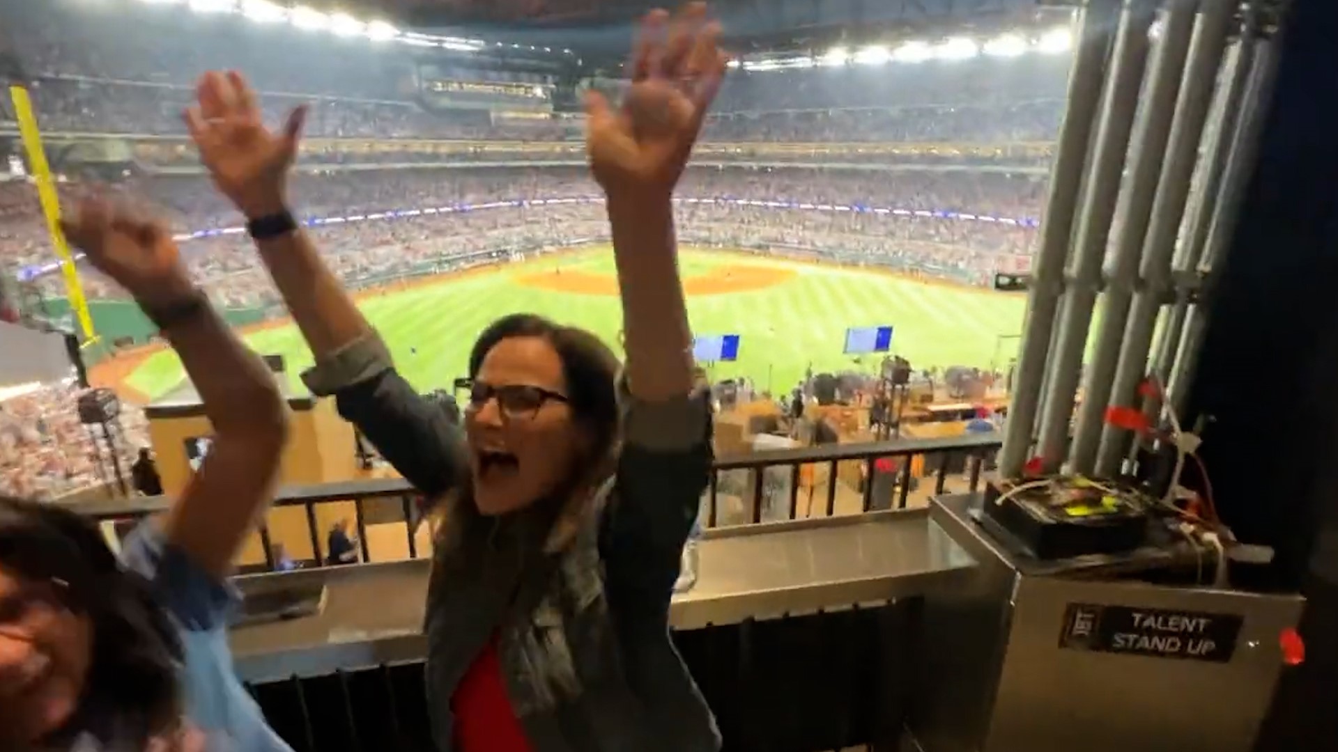 Adolis Garcia hit a walkoff home run in Game 1 of the World Series. Here's the reaction from the WFAA crew in centerfield.