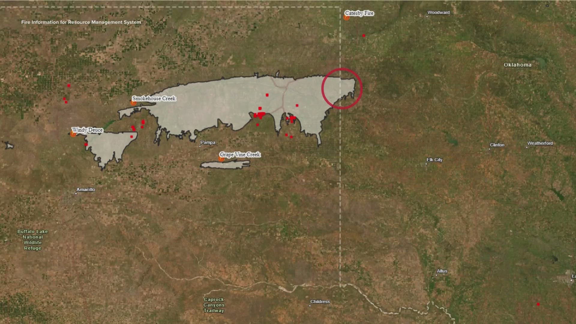 The fire map by FIRMS US/Canada, a joint site by NASA and the USDA Forest Service, shows part of the Smokehouse Creek fire in a small part of Oklahoma.