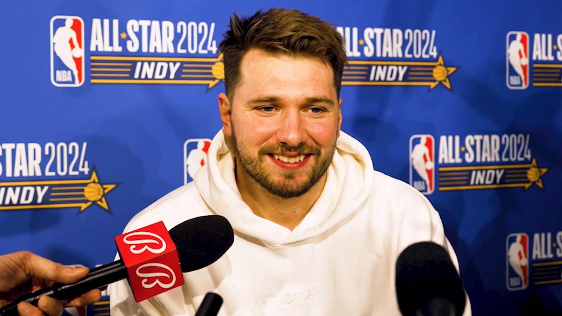 Luka Doncic talked to the media after the 2024 NBA All-Star Game in Indiana.