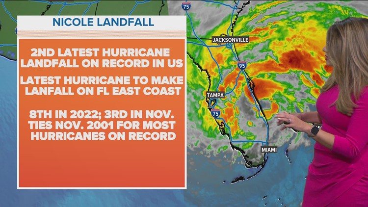 Nicole makes rare November landfall; downgrades from hurricane to tropical storm