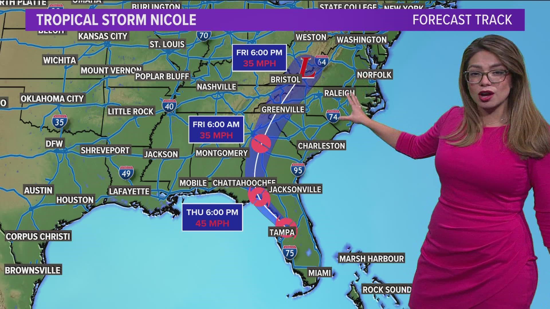 Here's the latest track for Tropical Storm Nicole.