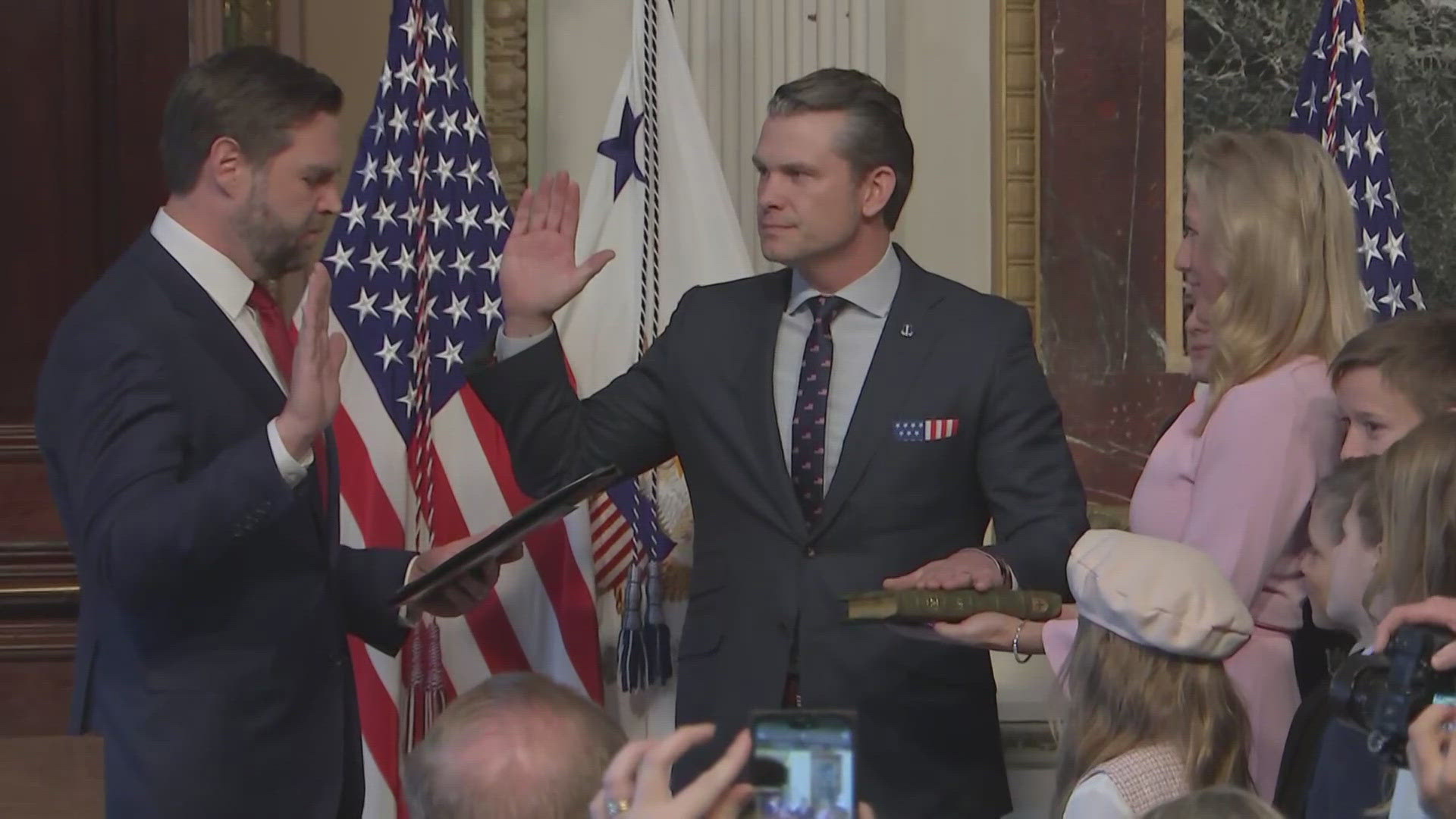 Former FOX News personality Pete Hegseth was sworn in as the Defense Secretary by Vice President JD Vance.