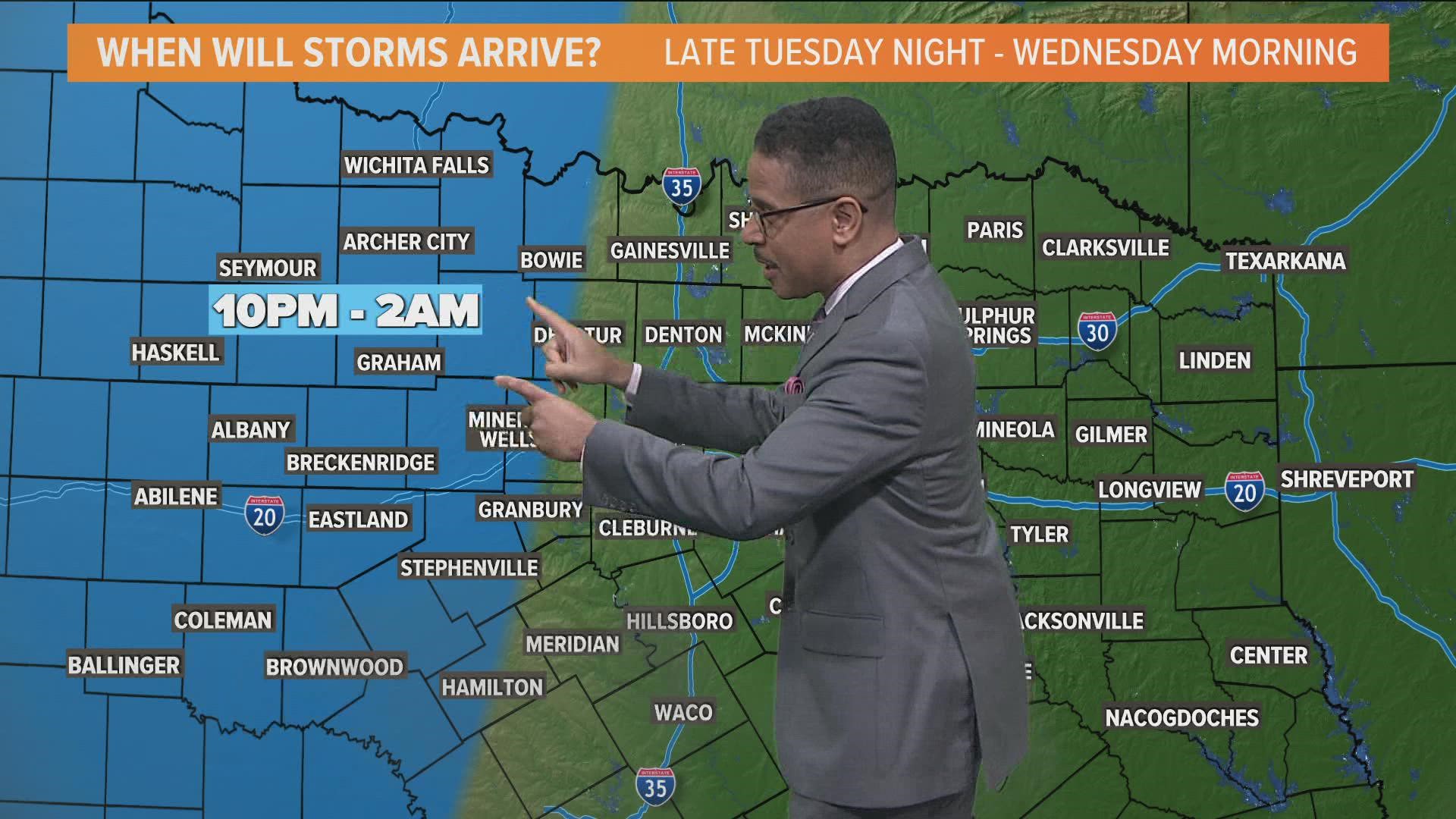 Here's the timing for storms late Tuesday and early Wednesday morning.