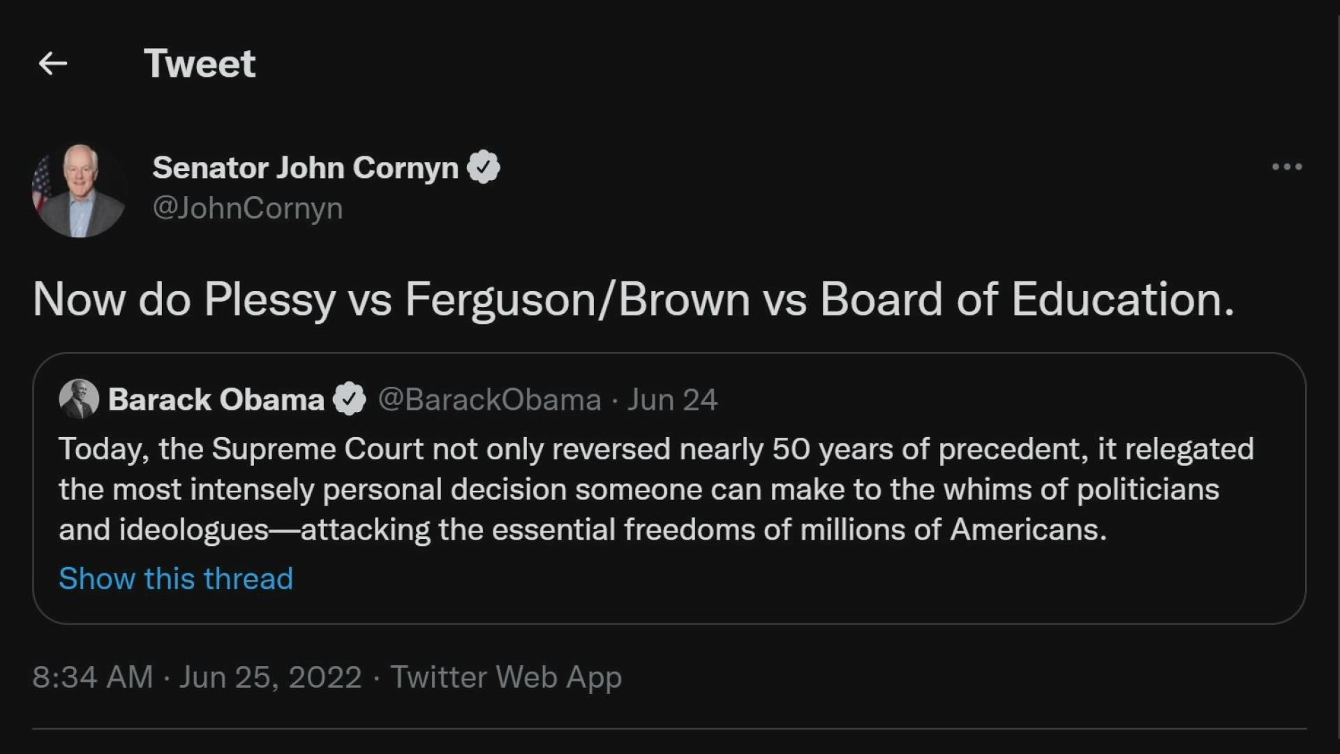 Sen. John Cornyn responded to a tweet by former president Barack Obama that denounced the Roe v. Wade decision.