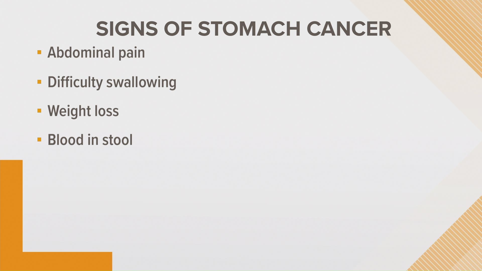 Signs of stomach cancer can include weight loss, blood in the stool, abdominal pain and difficulty swallowing. Consult with your doctor about symptoms.