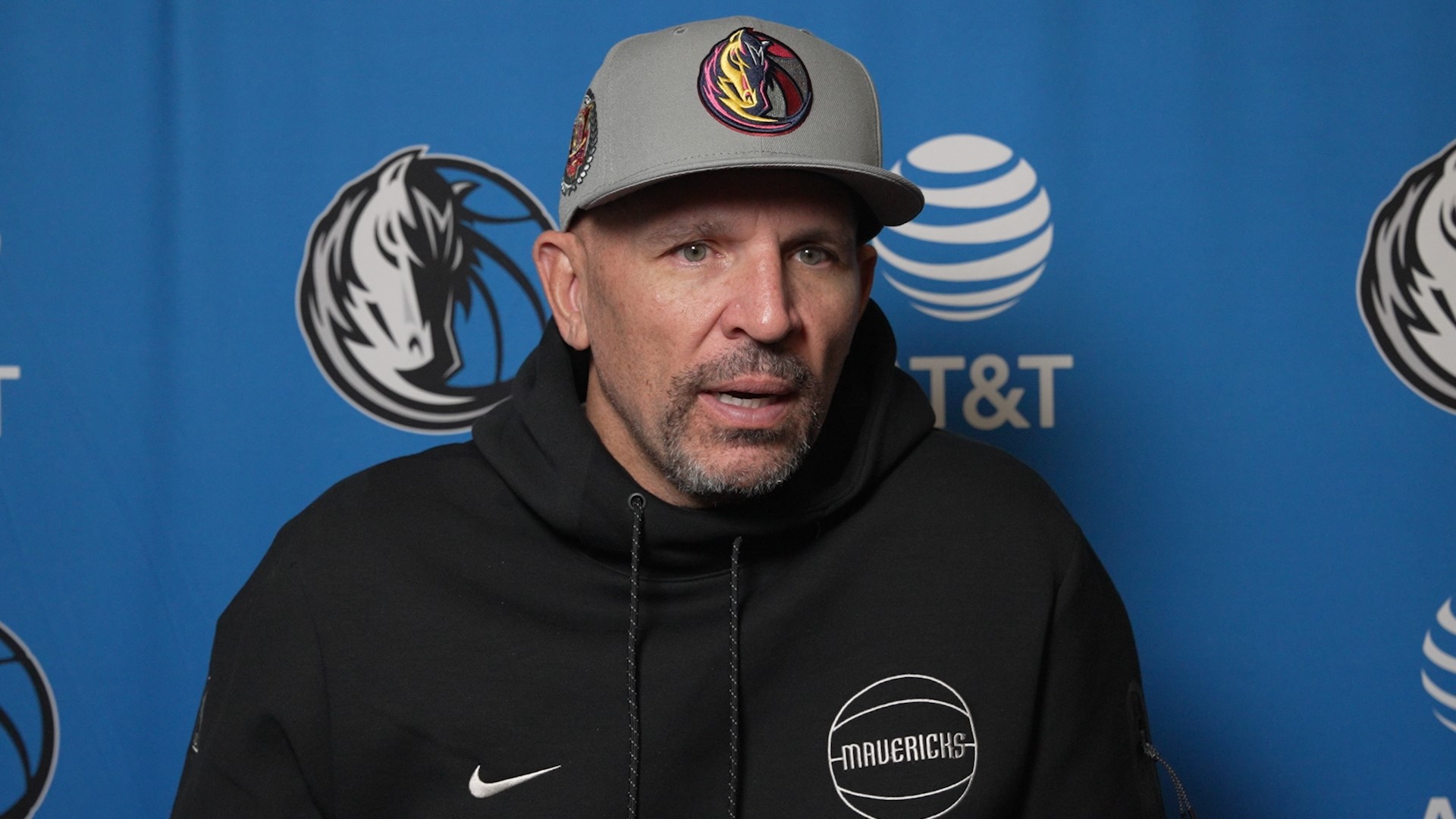 Dallas Mavericks head coach Jason Kidd talks to the media at the team's practice on Dec. 4, 2023.