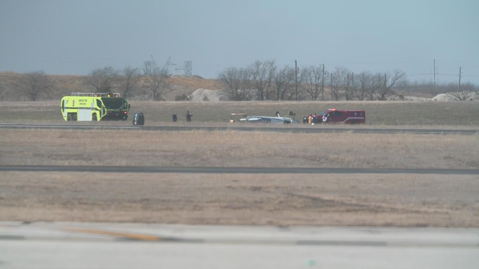 A pilot has been reported safe after their plane flipped over at Denton Enterprise Airport on Sunday afternoon.