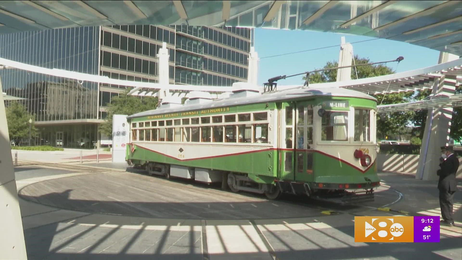Paige takes a ride on the M-line... which takes riders through uptown and downtown Dallas on historic trolley cars... all for free!