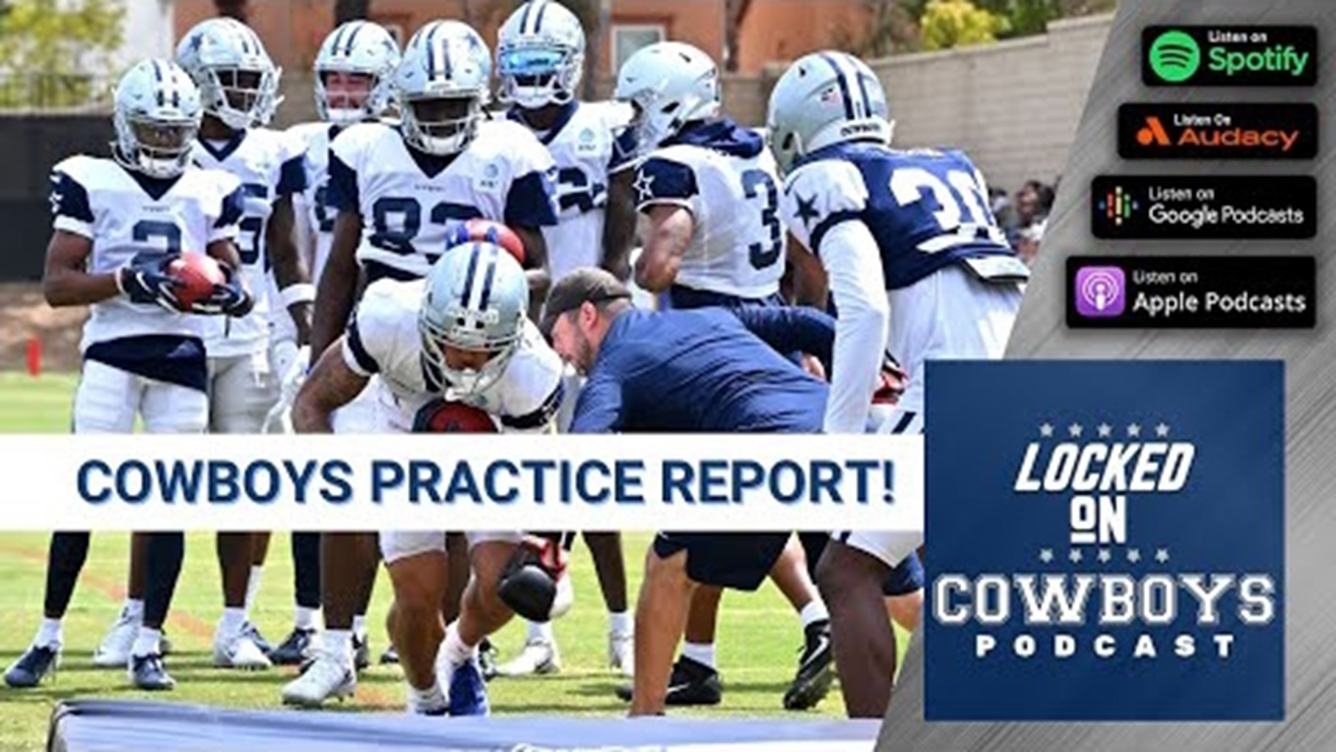 Marcus Mosher and Landon McCool discuss practice for the Dallas Cowboys on Monday.