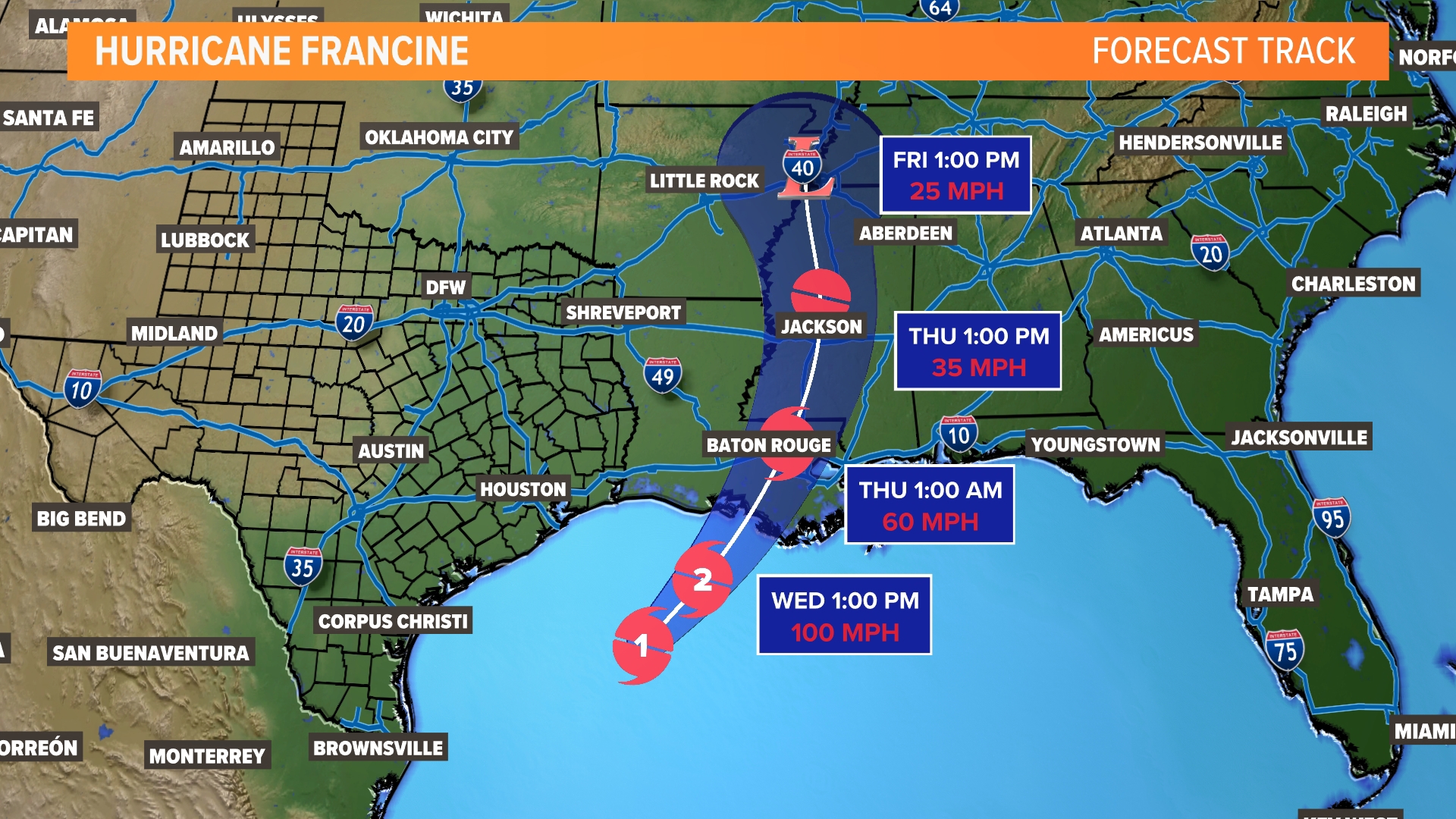 Hurricane Francine is a Category 1 storm moving through the Gulf of Mexico. Here's the latest forecast, path, cone track and storm surge projections.