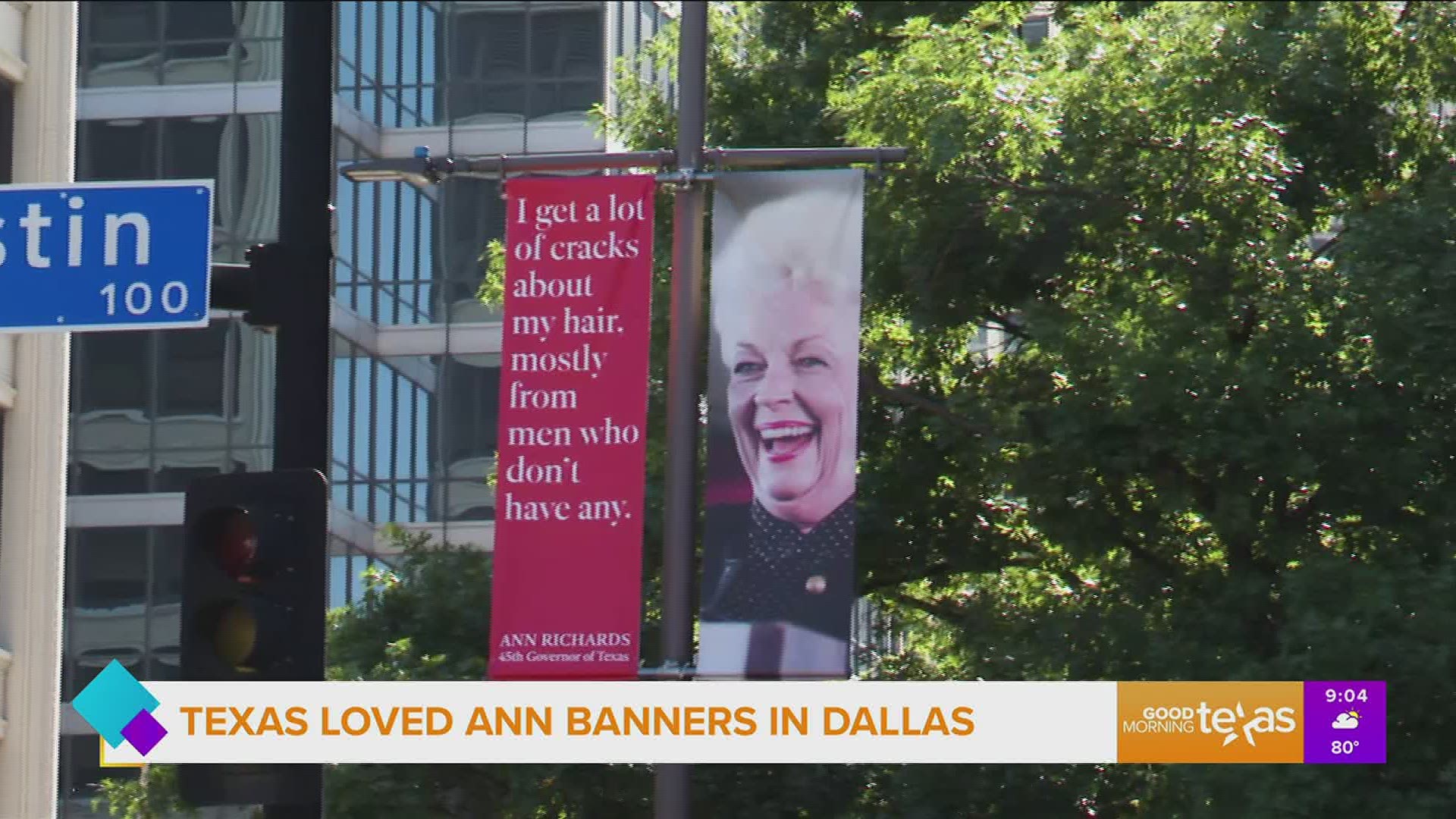 Red, white and blue banners in downtown Dallas honor former Texas Governor Ann Richards