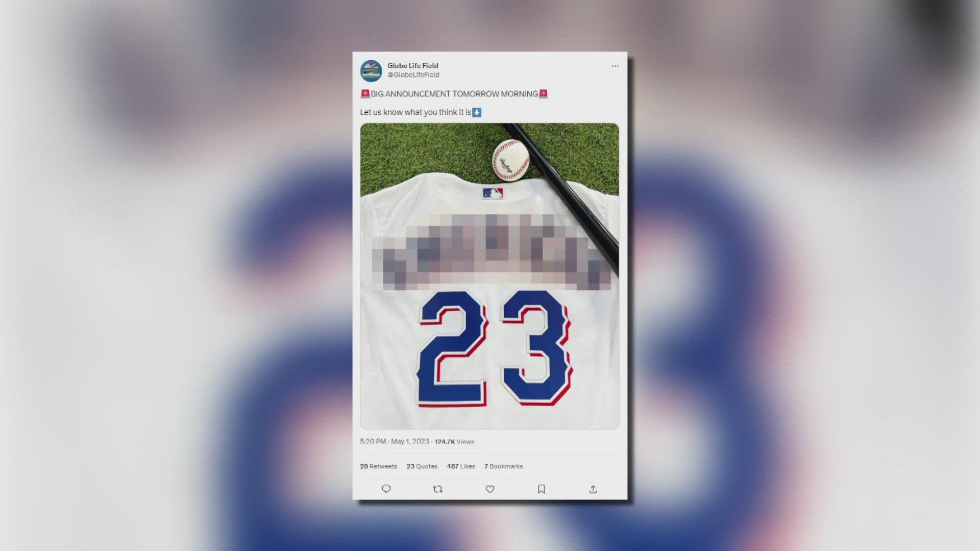 Globe Life posted a blurred jersey on social media, leaving some fans speculating.