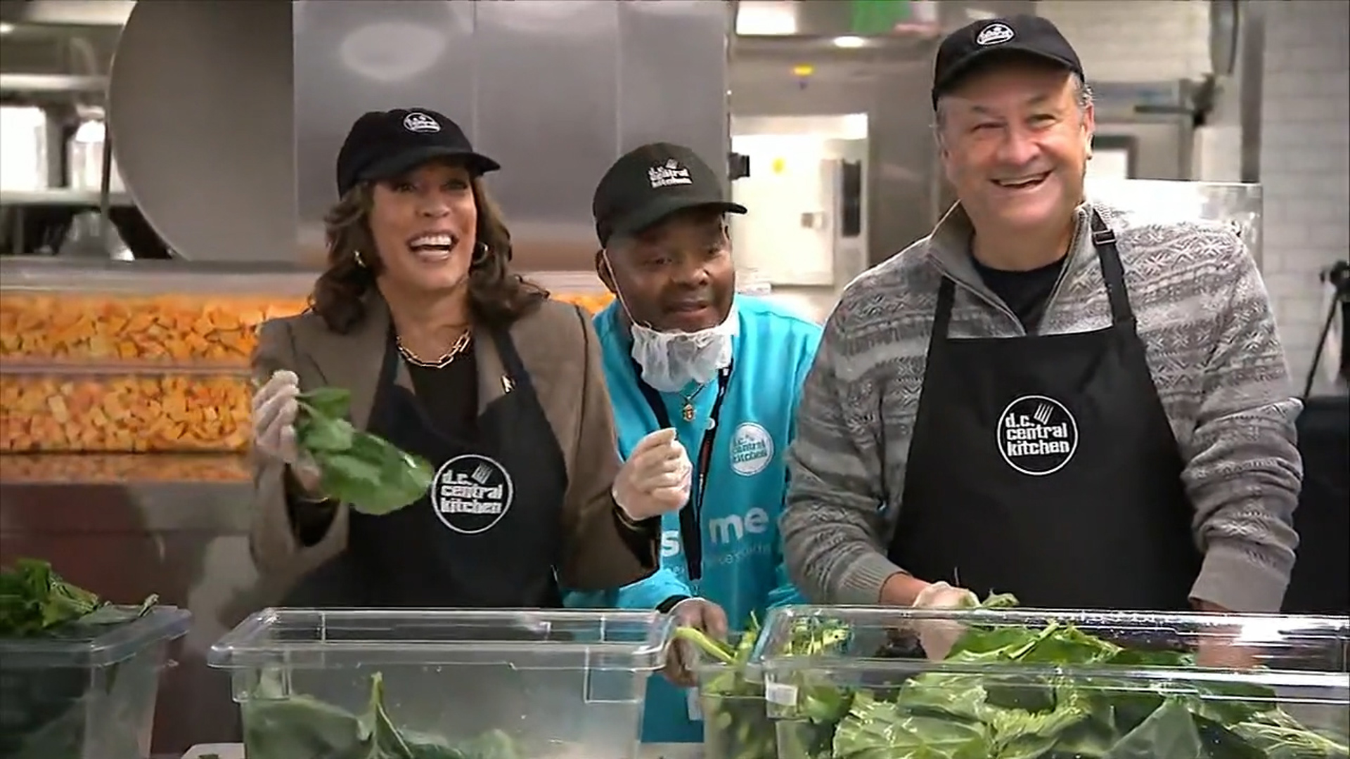 Vice President Kamala Harris and Second Gentleman Doug Emhoff volunteered at a food kitchen, de-stemming greens on Thanksgiving Day on November 28, 2024.