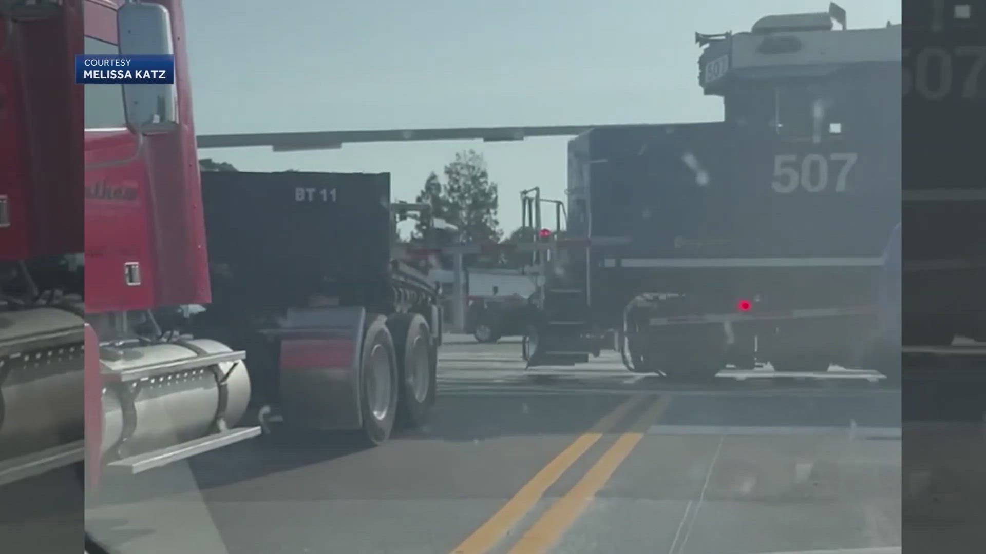 Police say the train was unable to slow down in time, smashing into the semi and dragging it down the tracks.