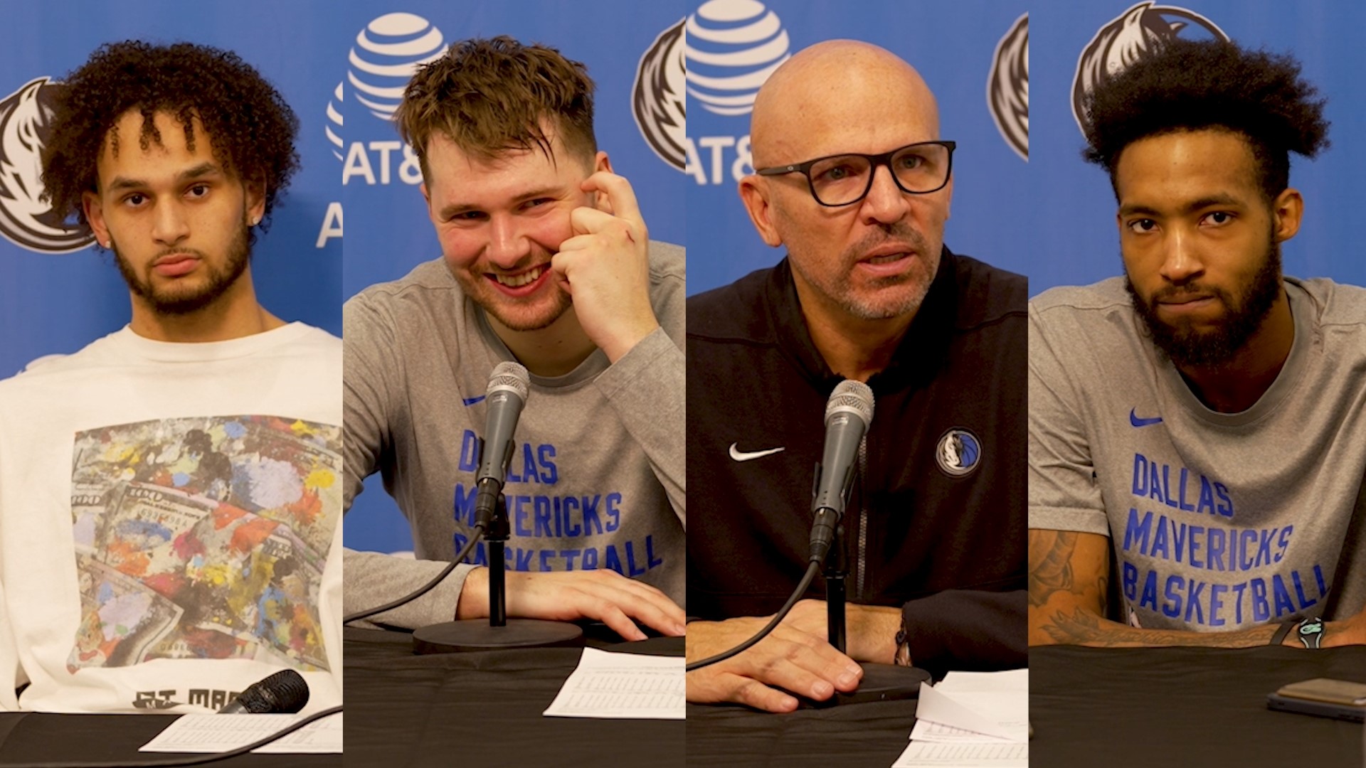 Luka Doncic, Dereck Lively II, Derrick Jones Jr. and Jason Kidd talk to the media after the Mavericks beat the Suns 128-114 on Christmas Day in 2023.