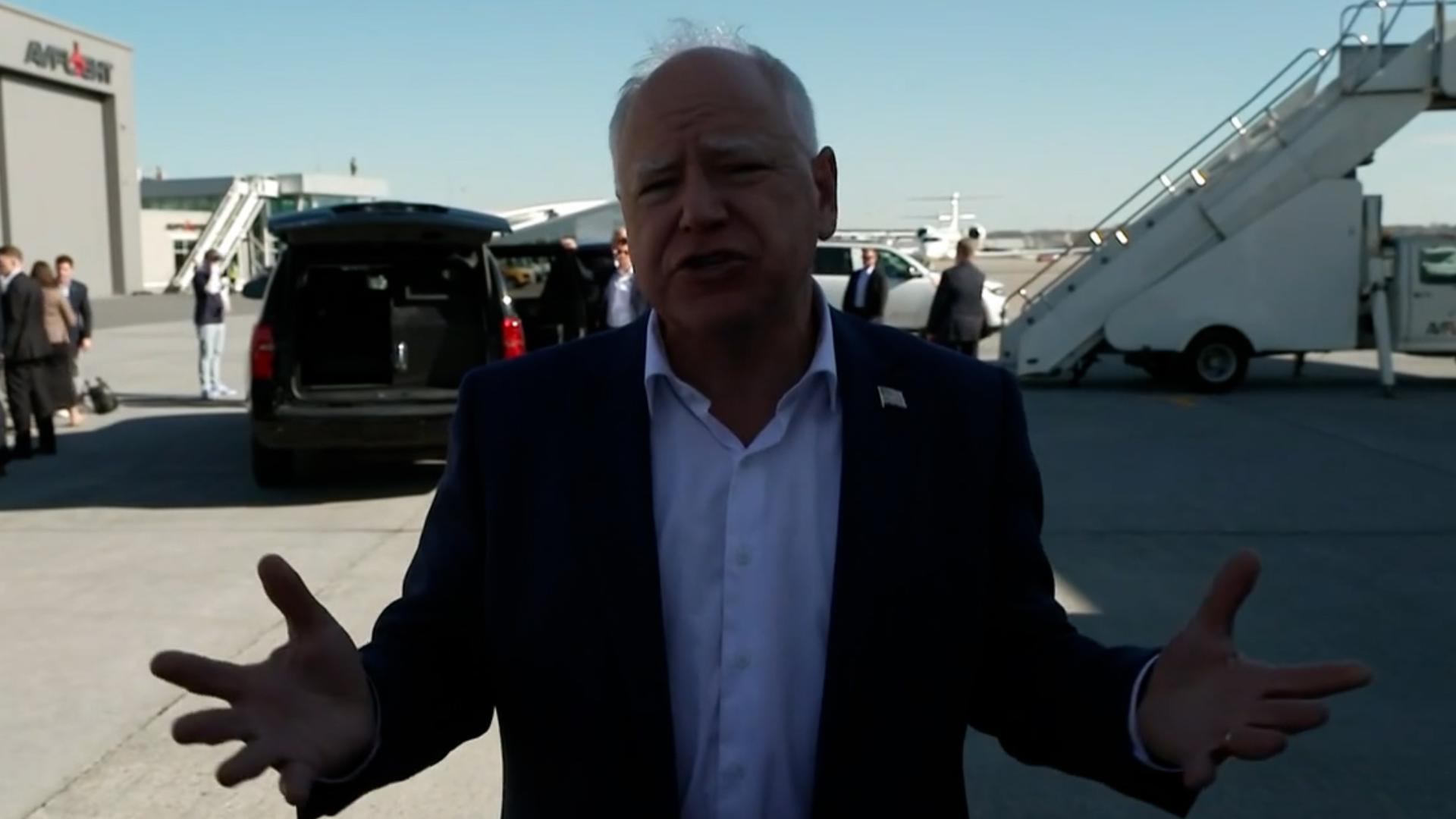 Gov. Tim Walz visited spoke with reporters in Harrisburg, Pennsylvania, on Election Day, November 5, 2024, before departing.