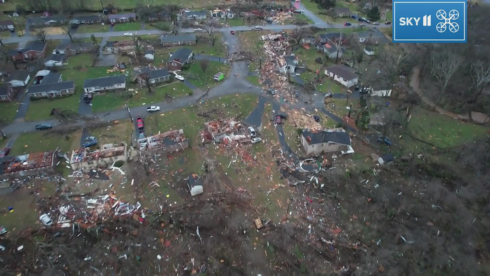 Kentucky tornado damage in Bowling Green is seen from the sky in this drone footage shot on December 11, 2021.