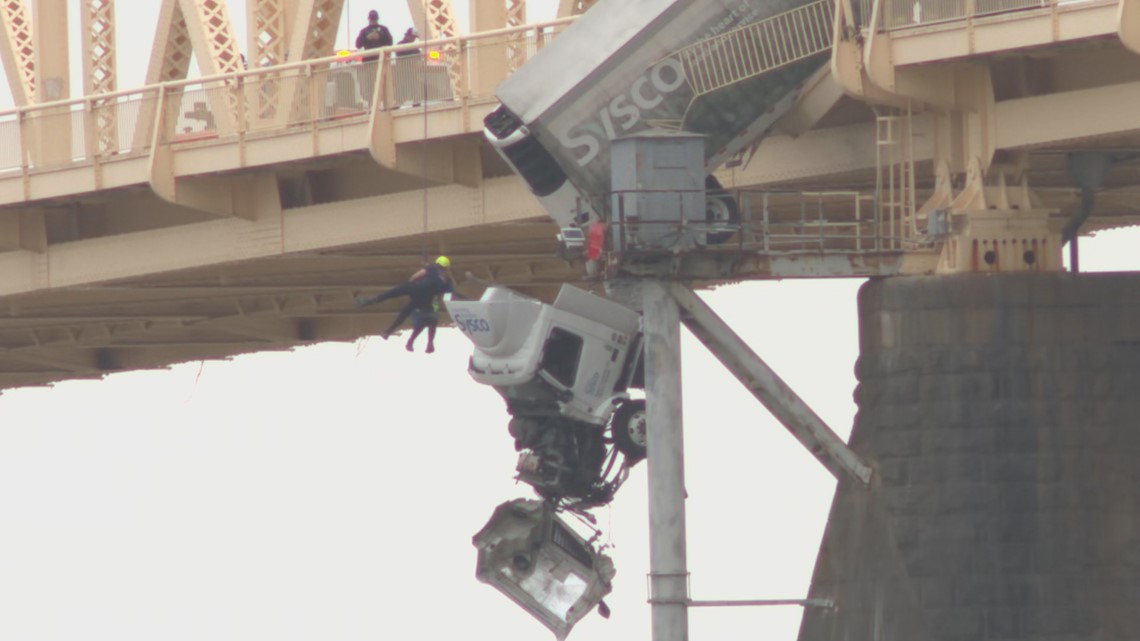 Semi truck driver dangles, rescued from Clark Memorial Bridge