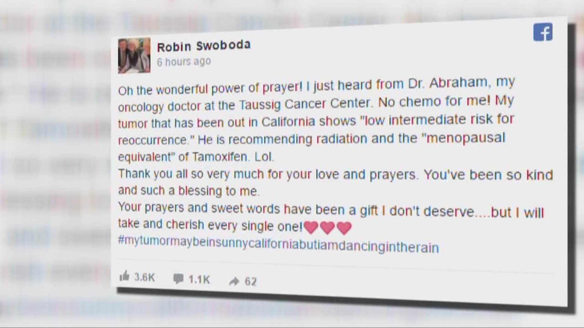 Robin Swoboda shares encouraging cancer news on Facebook