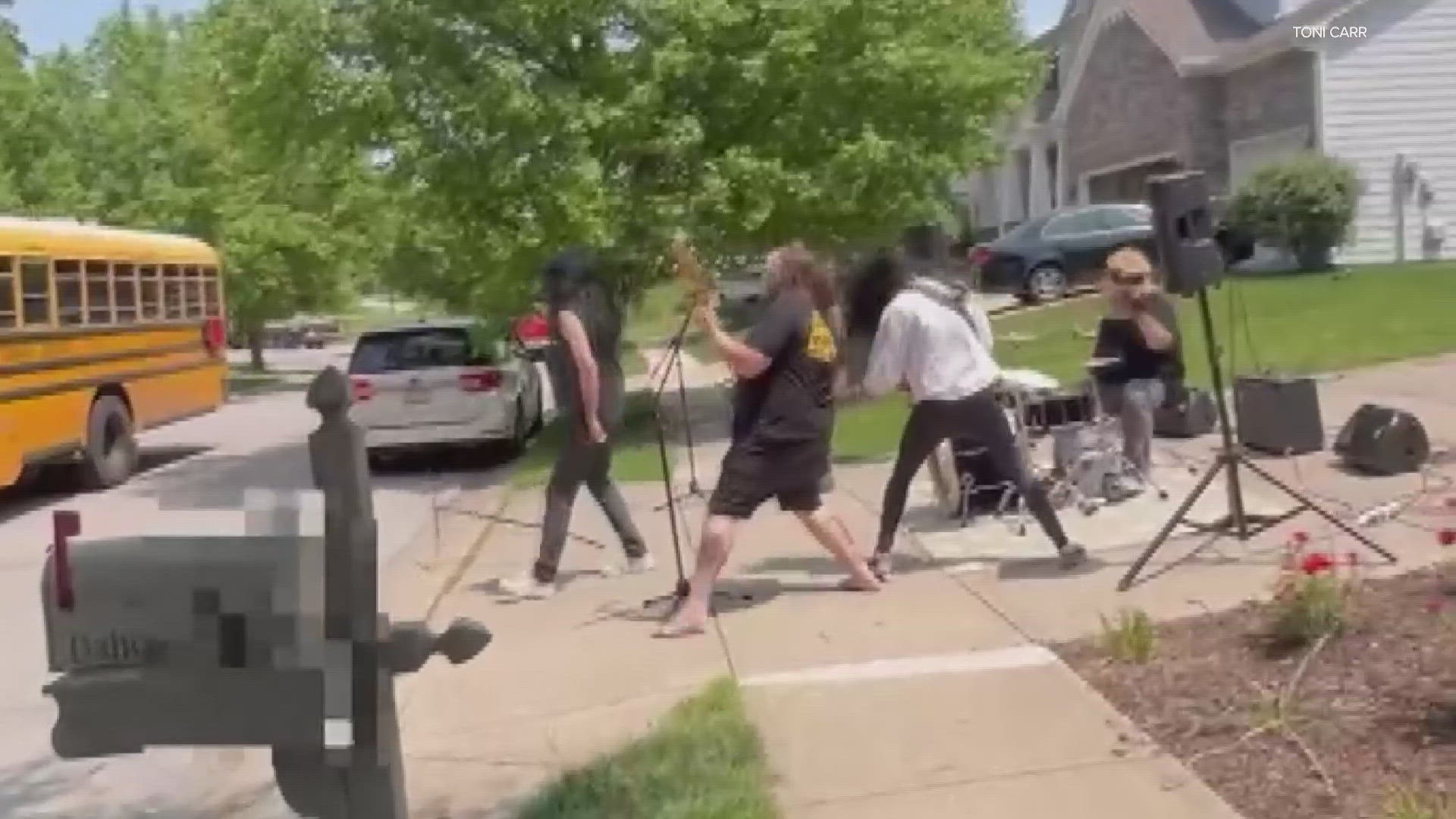 In Perry Township a local dad went all out to greet his son with a musical performance as he got off the school bus for the last time.