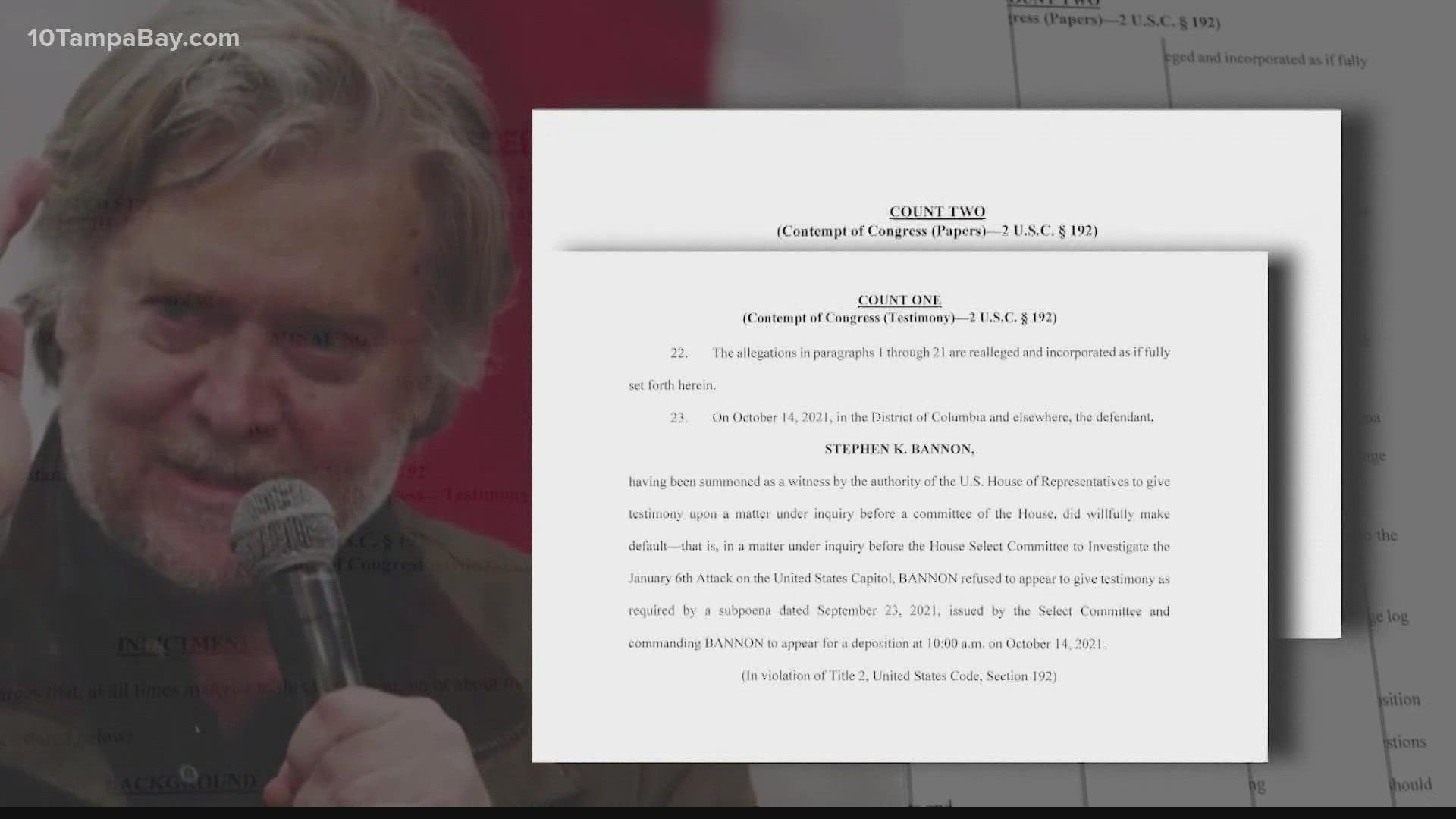 Bannon was indicted on one count for refusing to appear for a deposition and the other for refusing to provide documents in response to the committee’s subpoena.