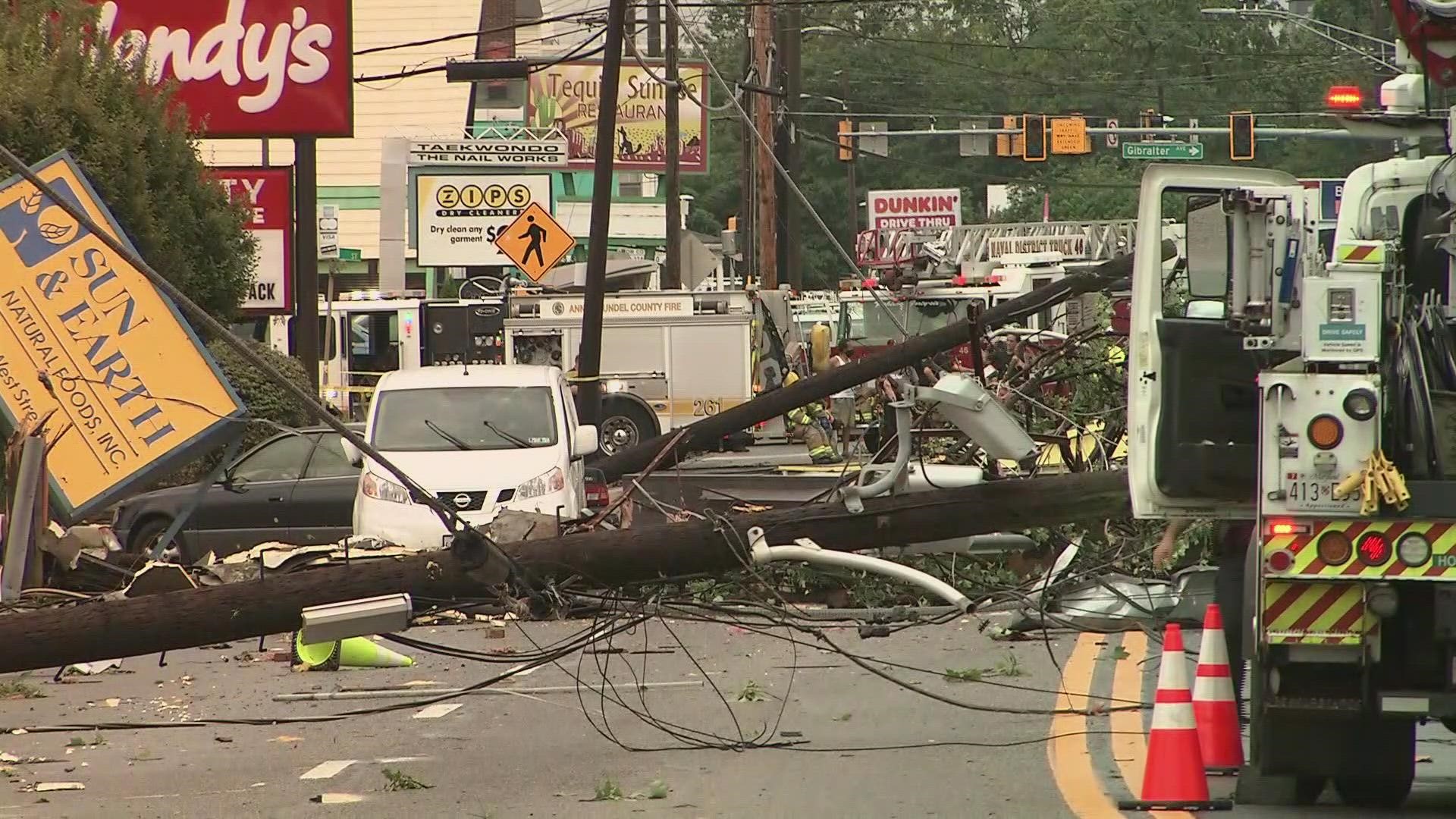 This is the scene of the aftermath of a possible tornado coming through West Street in Annapolis.