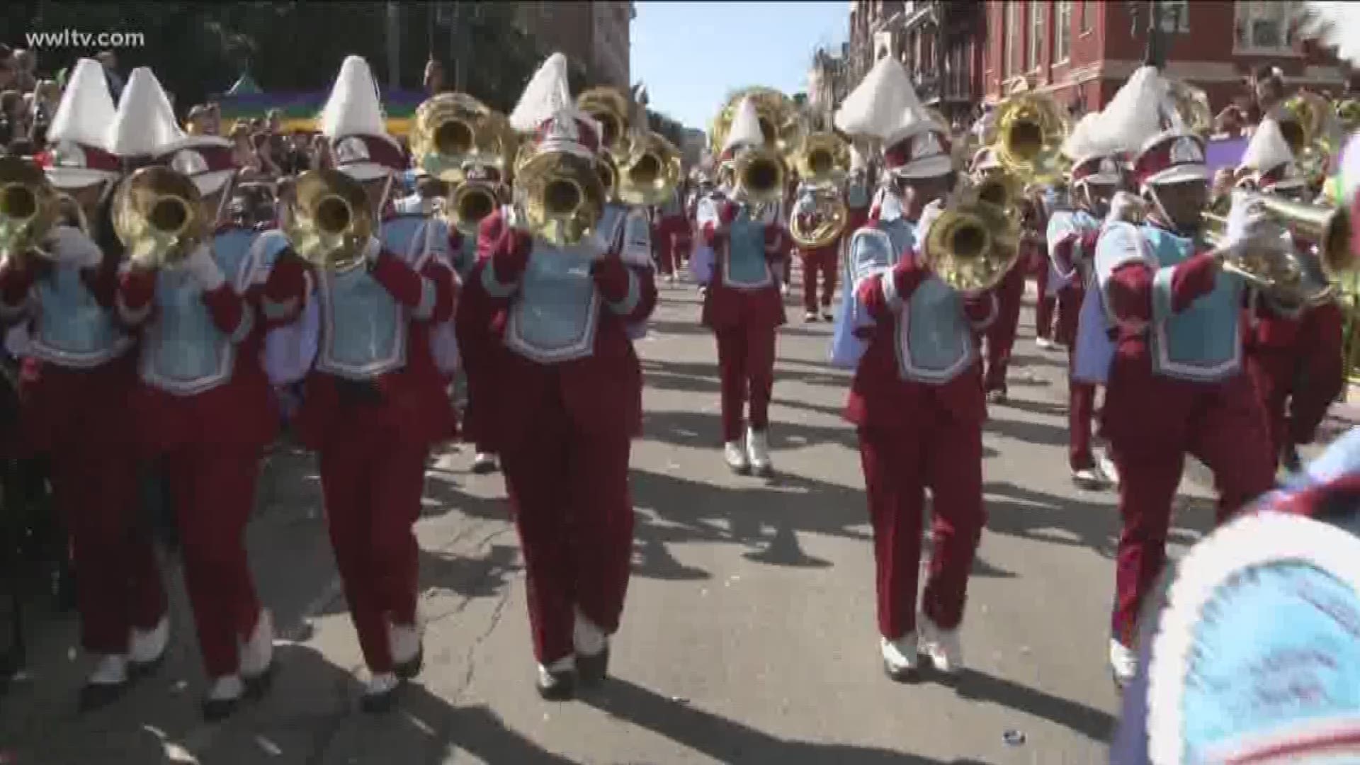 The Talladega Marching Band parades past Gallier Hall in the Krewe of Zulu 2018 on Mardi Gras Day. 