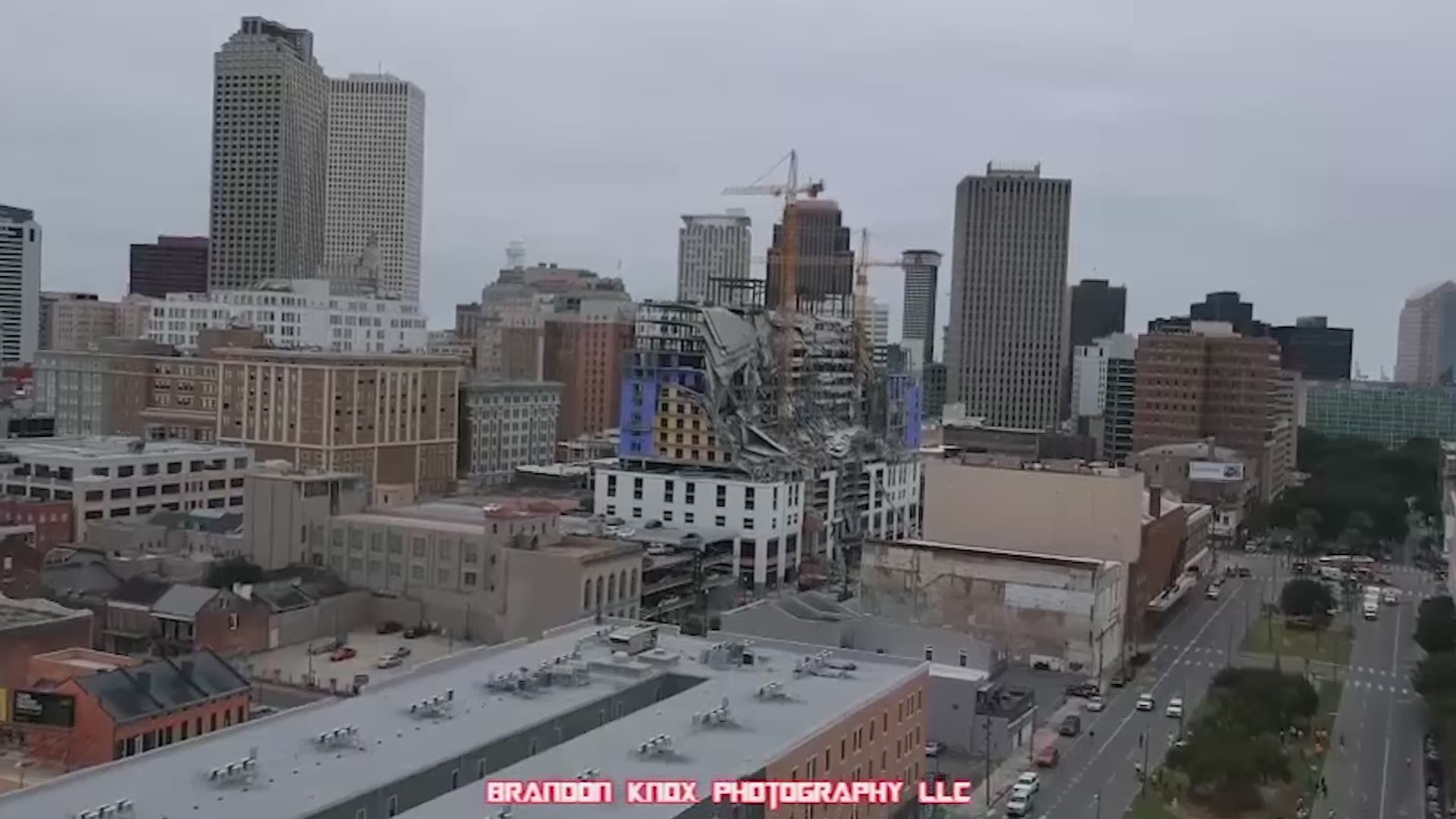 Drone video courtesy of Brandon Knox Photography LLC captures the damage moments after the hotel construction fell on New Orleans' Canal Street.