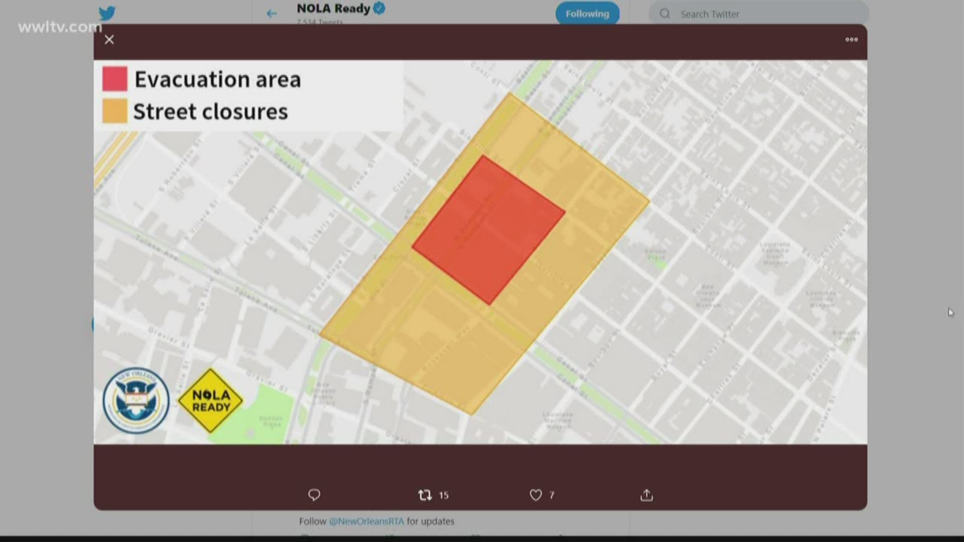 The New Orleans Fire Department is evacuating buildings in a four-block area around the collapsed hotel. The lighter orange area indicates closed streets.