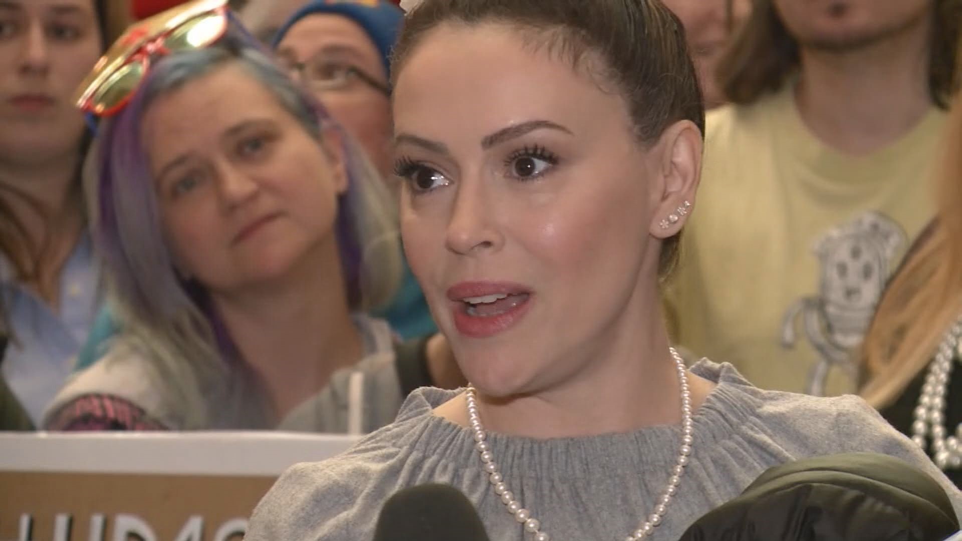 Actress Alyssa Milano and members of the Georgia film and television industry gathered outside Governor Brian Kemp’s office at the State Capitol, hoping to convince him not to sign into law HB 481, a bill that would restrict abortions in Georgia.